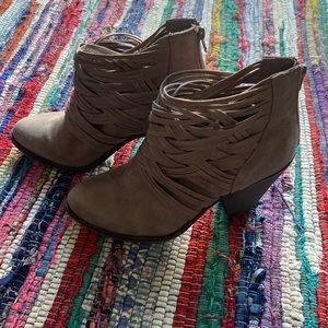 Light brown ankle booties, low heel.